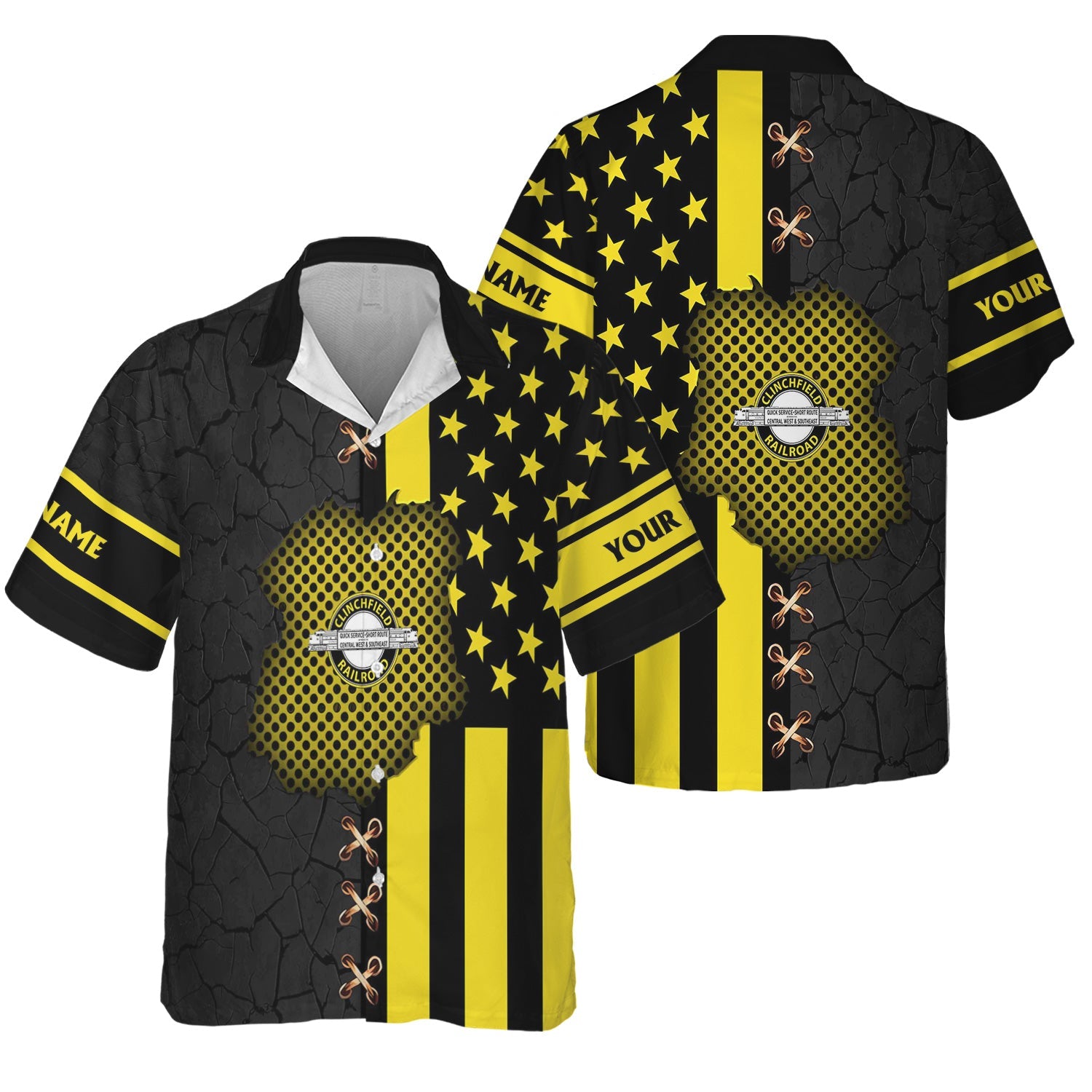 Railspirit Personalized Clinchfield Railroad Hawaiian Shirt American Flag with Crack Effect Train Shirt