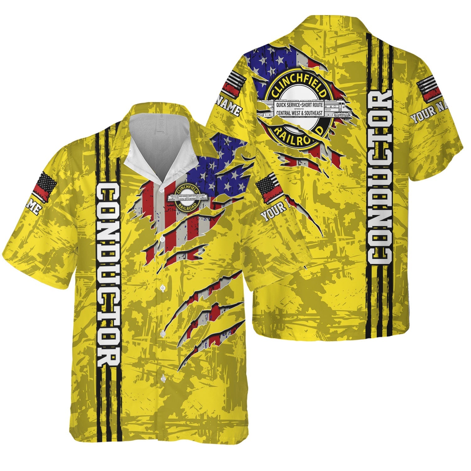 Railspirit Personalized Clinchfield Railroad Hawaiian Shirt USA Flag Claw Art with Custom Job Train Shirt