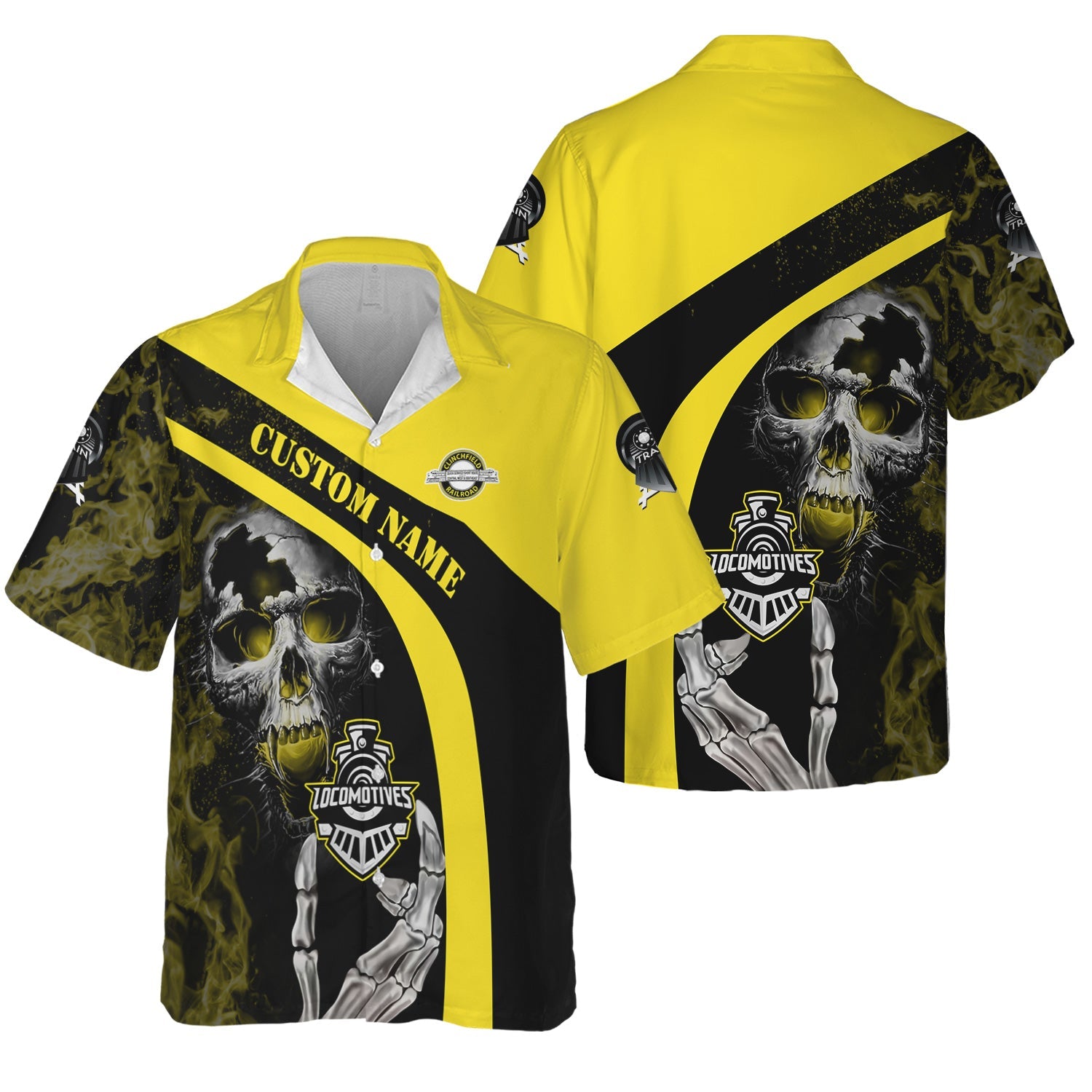 Railspirit Personalized Clinchfield Railroad Hawaiian Shirt Flame Skull Design Train Shirt for Locomotive Fans