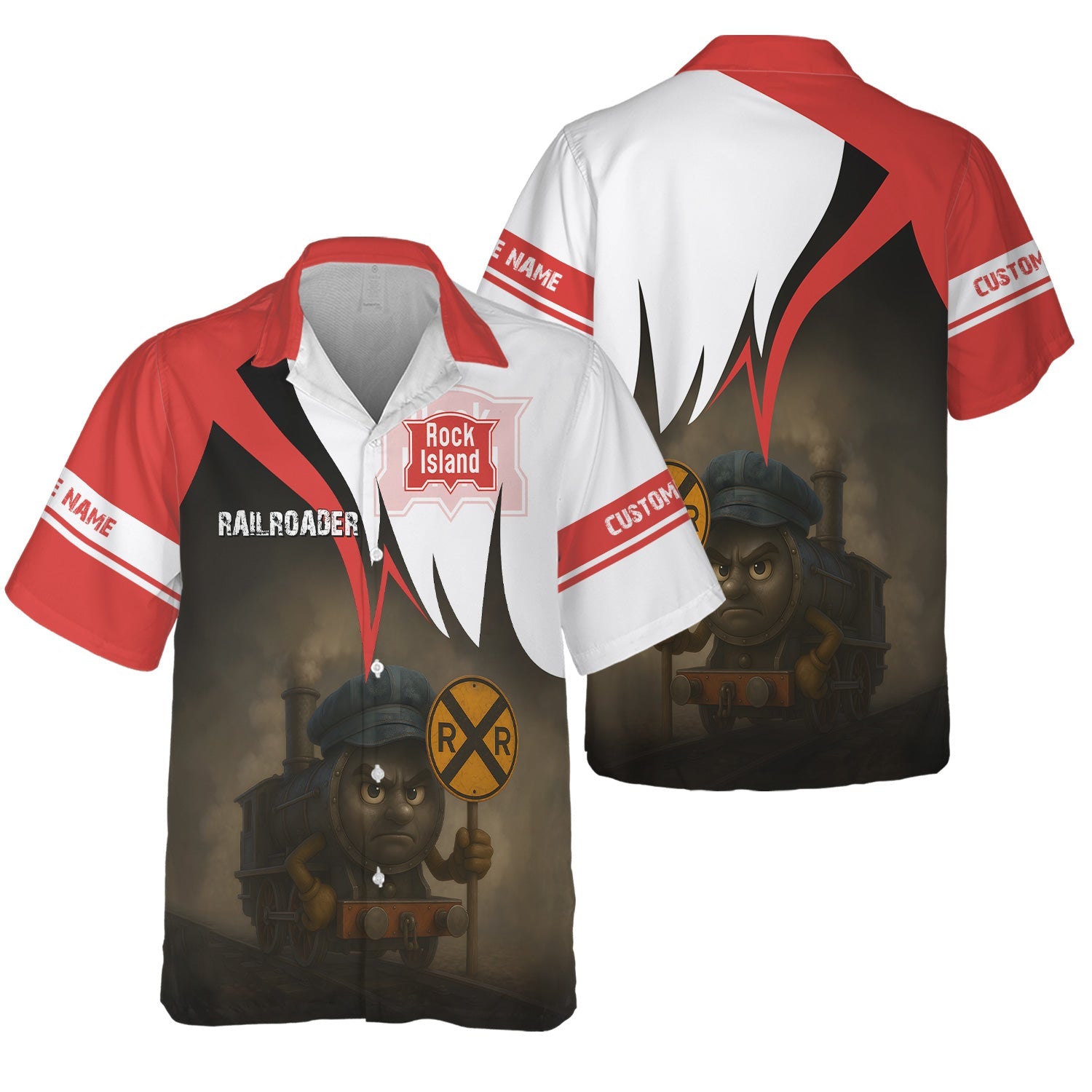 Railspirit Personalized Chicago, Rock Island and Pacific Railroad Hawaiian Shirt Angry Train Rock Island Railroad Hawaiian Shirt Gift For Train Lover