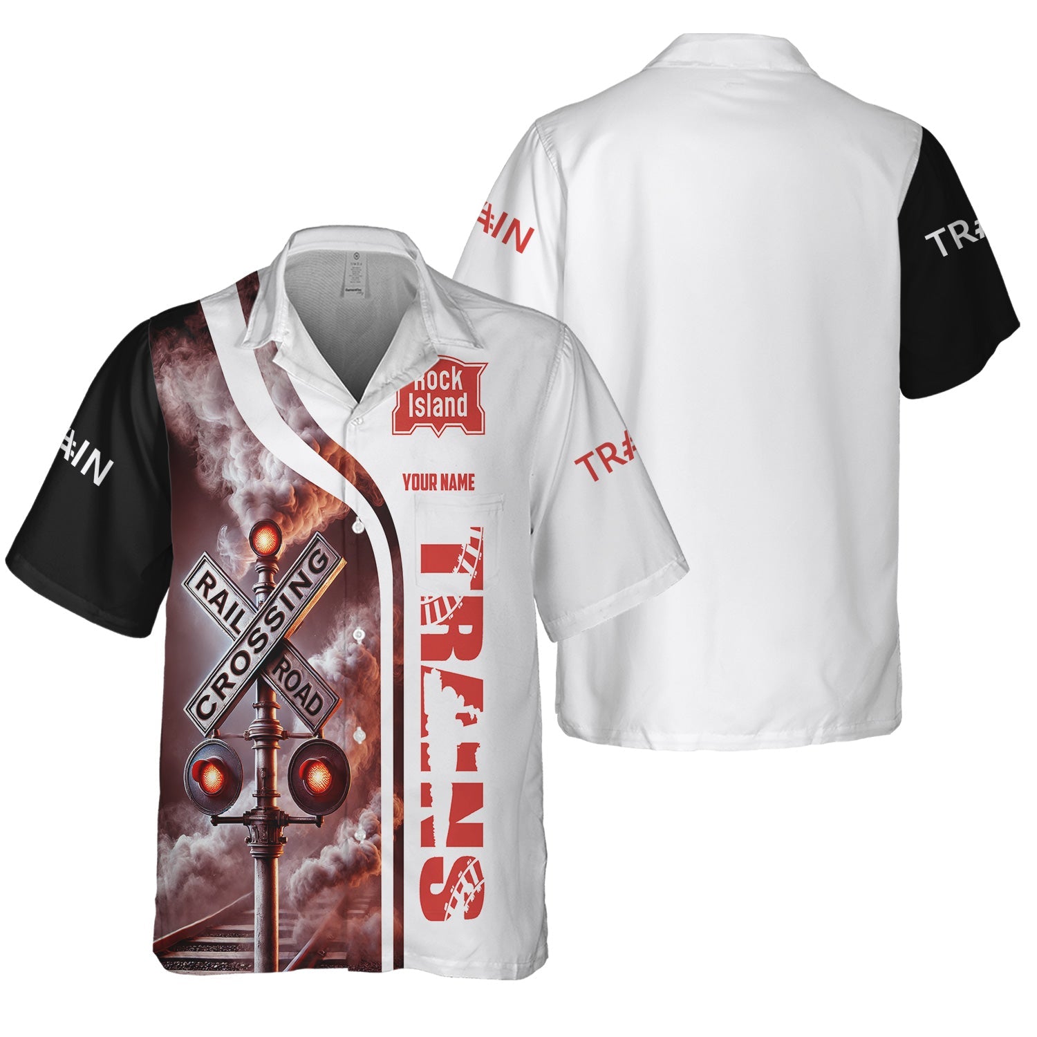 Railspirit Custom Name Chicago, Rock Island and Pacific Railroad Hawaiian Shirt Railroad Crossing Sign Rock Island Railroad Printed Train Shirt