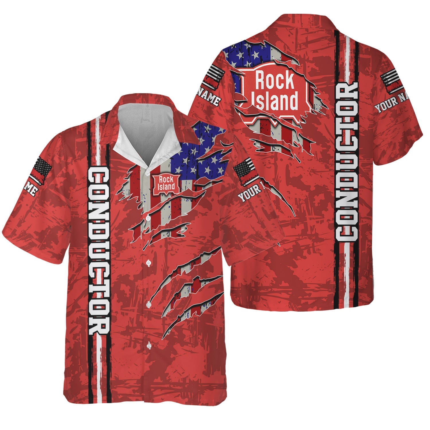 Railspirit Personalized Chicago, Rock Island and Pacific Railroad Hawaiian Shirt USA Flag Claw Art with Custom Job Rock Island Railroad Train Shirt