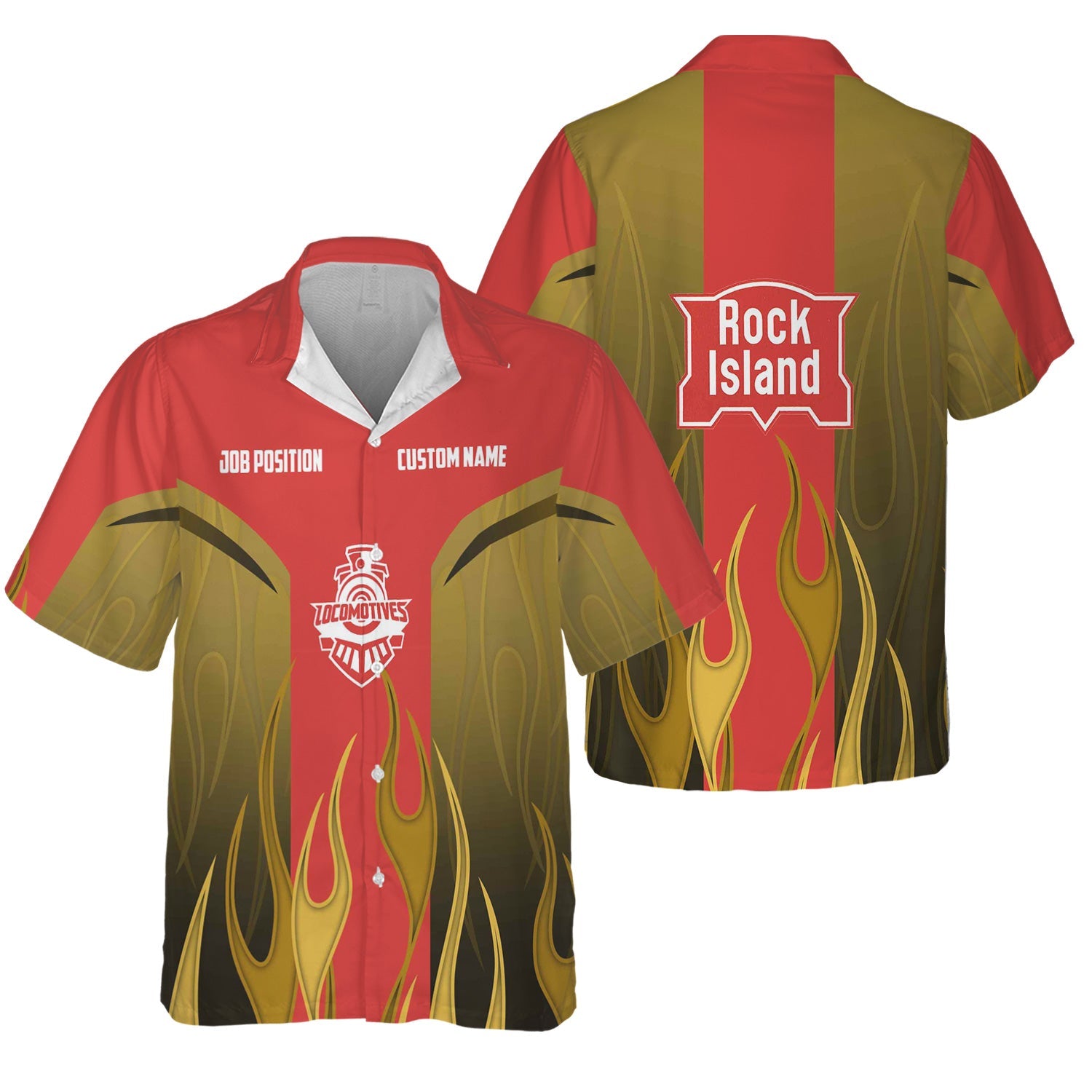 Railspirit Custom Name and Job Title Chicago, Rock Island and Pacific Railroad Hawaiian Shirt Flame Graphic Rock Island Railroad Train Shirt