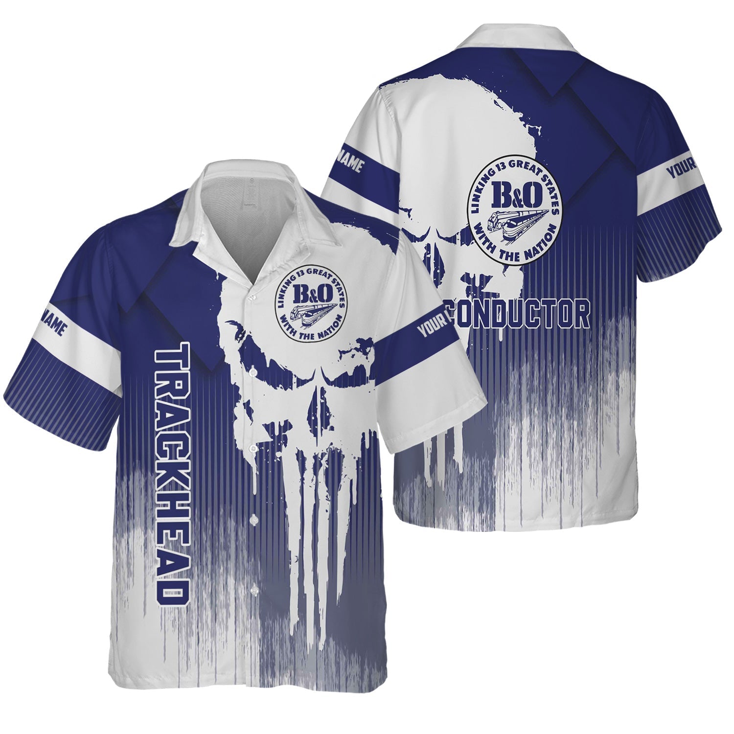 Railspirit Personalized B&O Great States Railroad Hawaiian Shirt Skull Design with Custom Job Train Shirt for Trackhead Crew