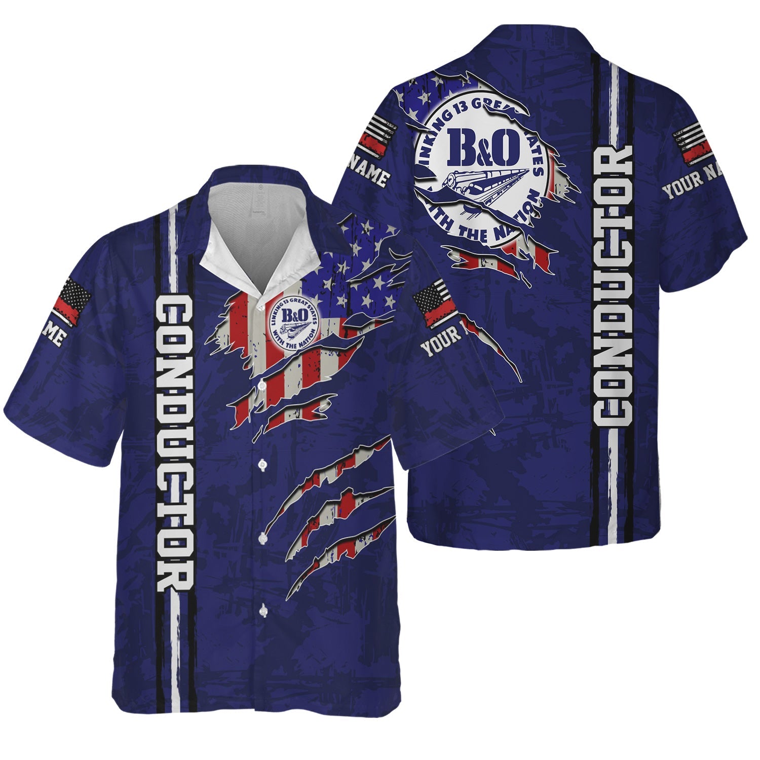 Railspirit Personalized B&O Great States Railroad Hawaiian Shirt USA Flag Claw Art with Custom Job Train Shirt
