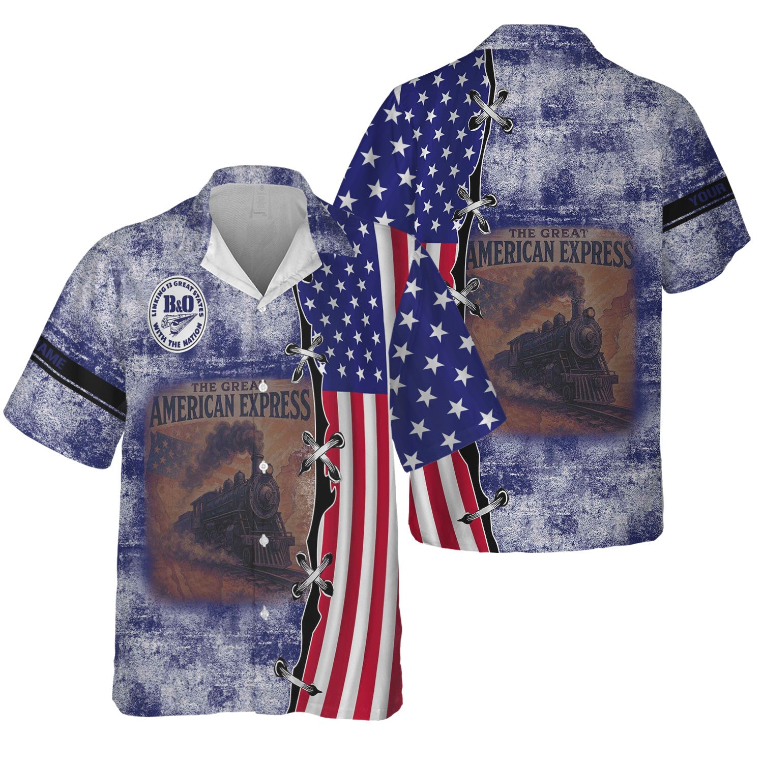 Railspirit Personalized B&O Great States Railroad Hawaiian Shirt Retro American Express Train With USA Flag Shirt