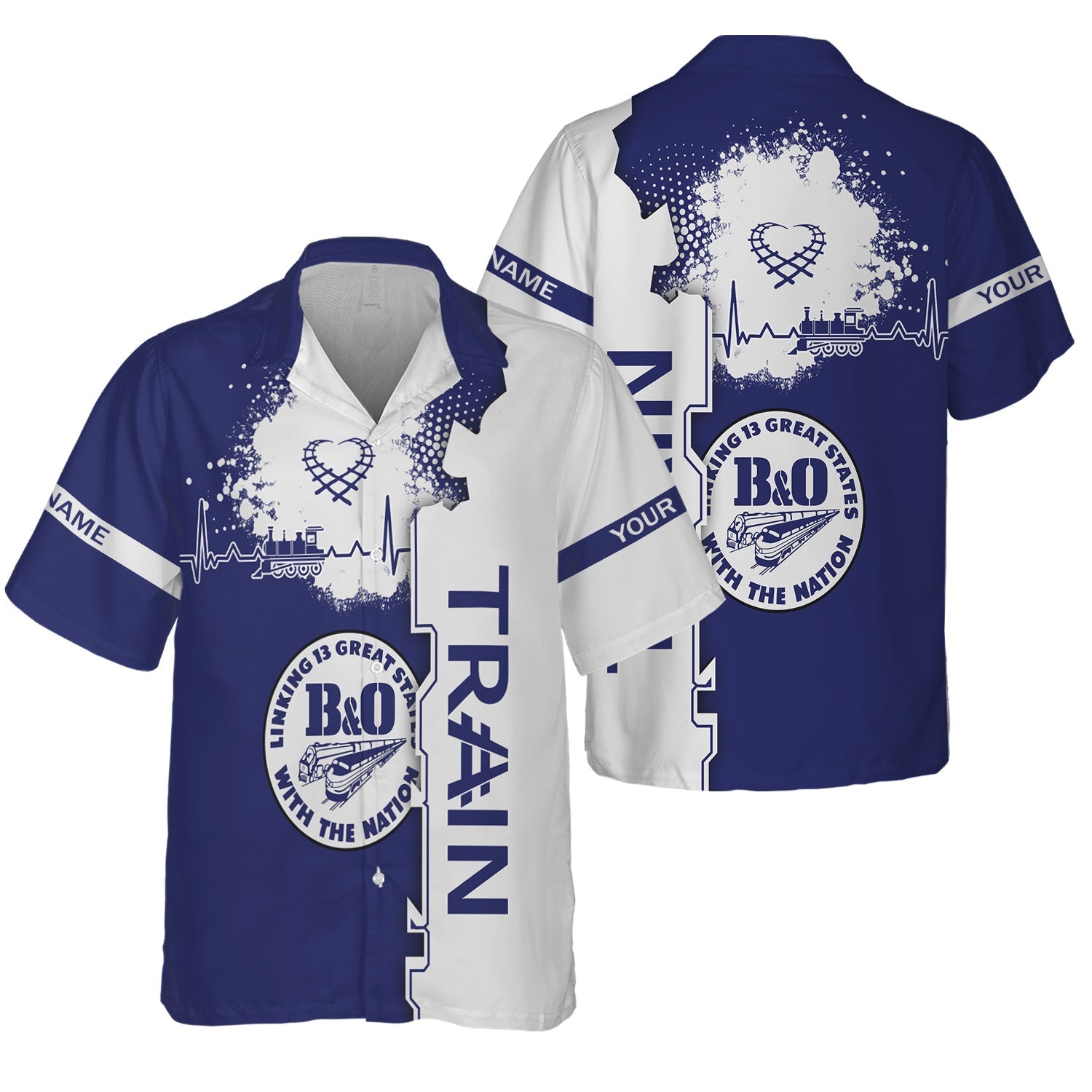 Railspirit Personalized B&O Great States Railroad Hawaiian Shirt Engine Heartbeat and Track Love Style Shirt Gift Idea For Train Lovers