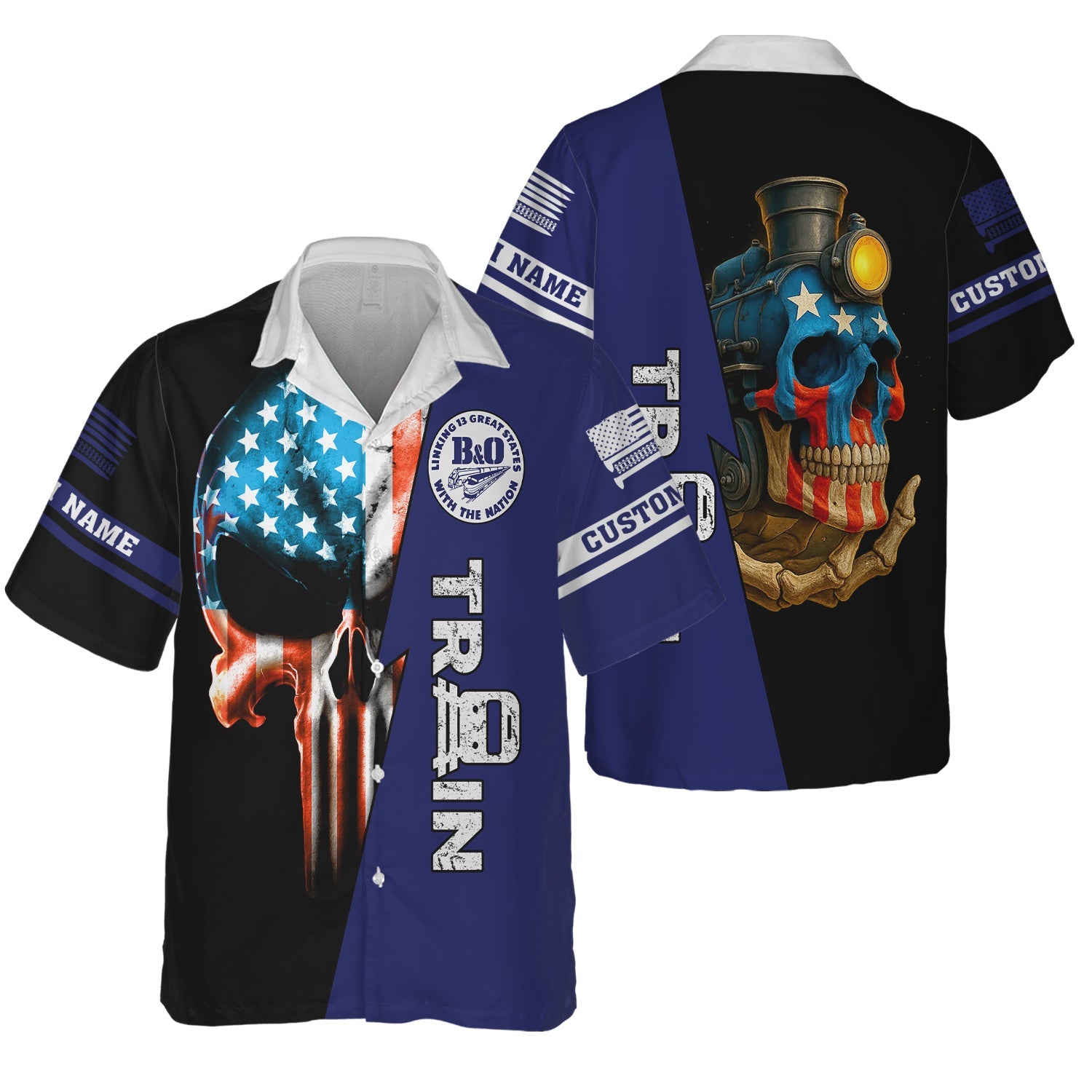 Railspirit Personalized B&O Great States Railroad Hawaiian Shirt Train Skull American Flag Shirt All Over Print