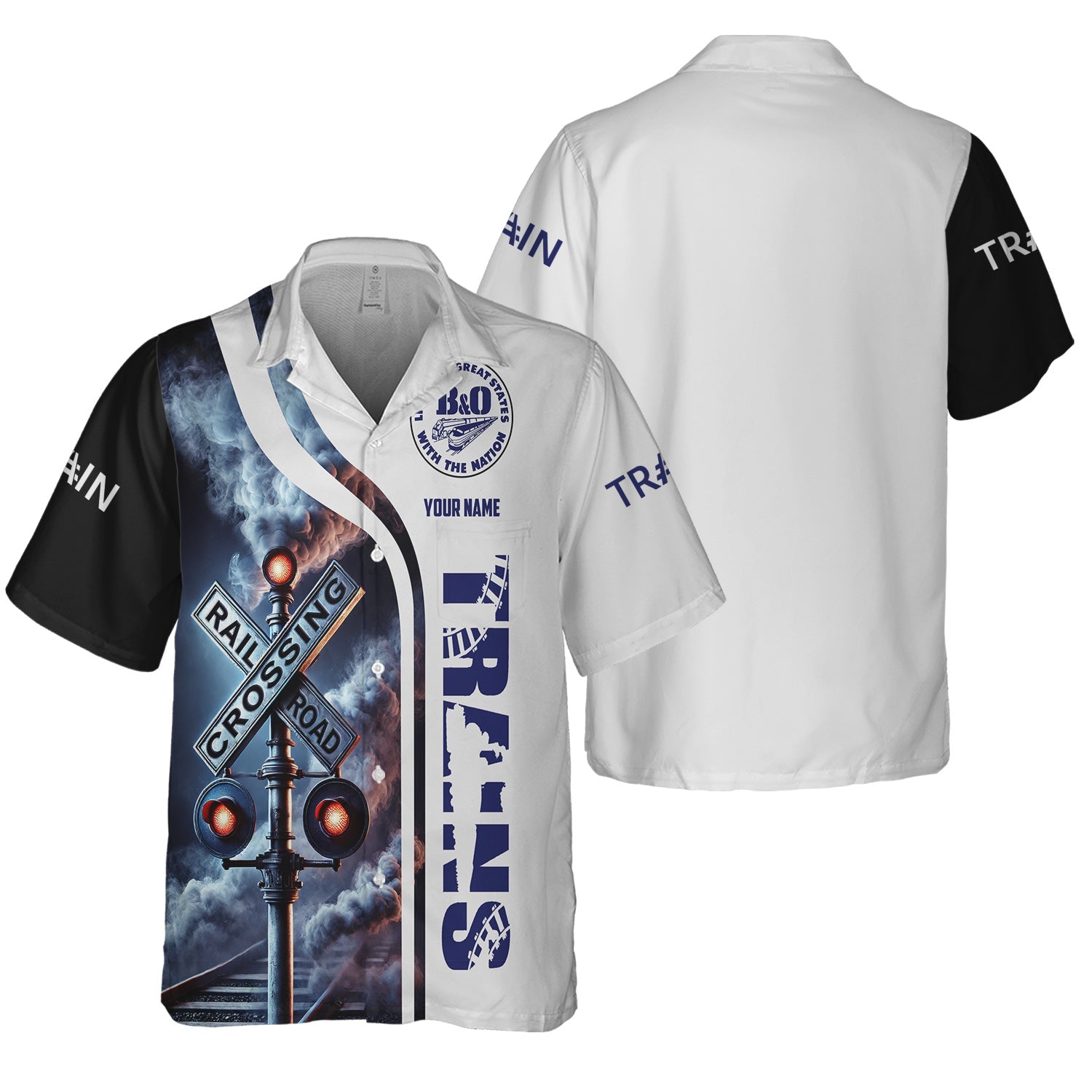 Railspirit Custom Name B&O Great States Railroad Hawaiian Shirt Railroad Crossing Sign Printed Train Shirt