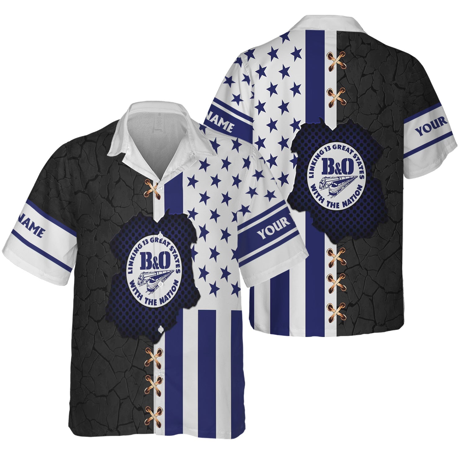 Railspirit Personalized B&O Great States Railroad Hawaiian Shirt American Flag with Crack Effect Train Shirt