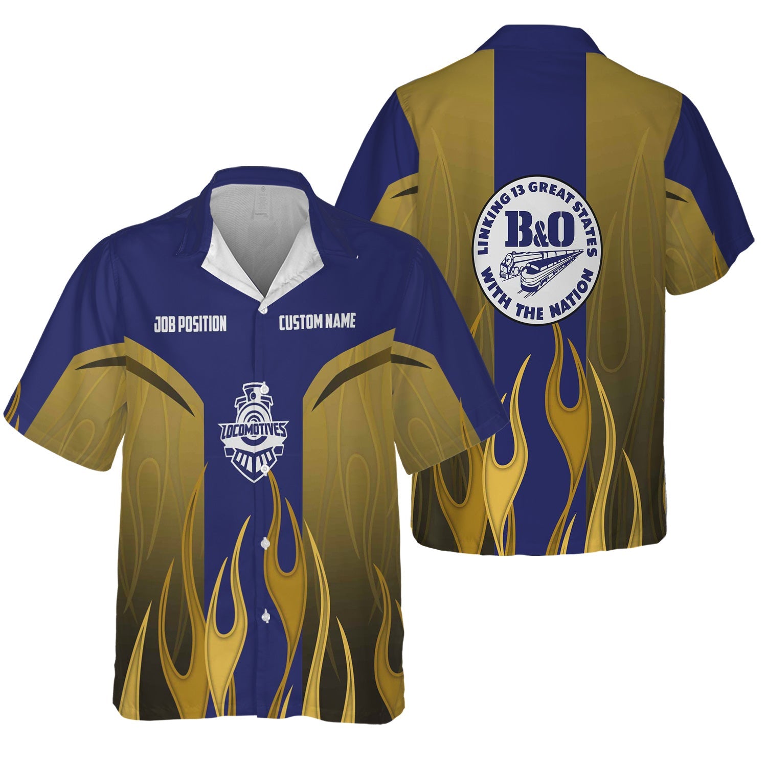 Railspirit Custom Name and Job Title B&O Great States Railroad Hawaiian Shirt Flame Graphic Train Shirt For Rail Workers