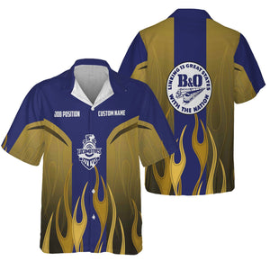 Railspirit Custom Name and Job Title B&O Great States Railroad Hawaiian Shirt Flame Graphic Train Shirt For Rail Workers