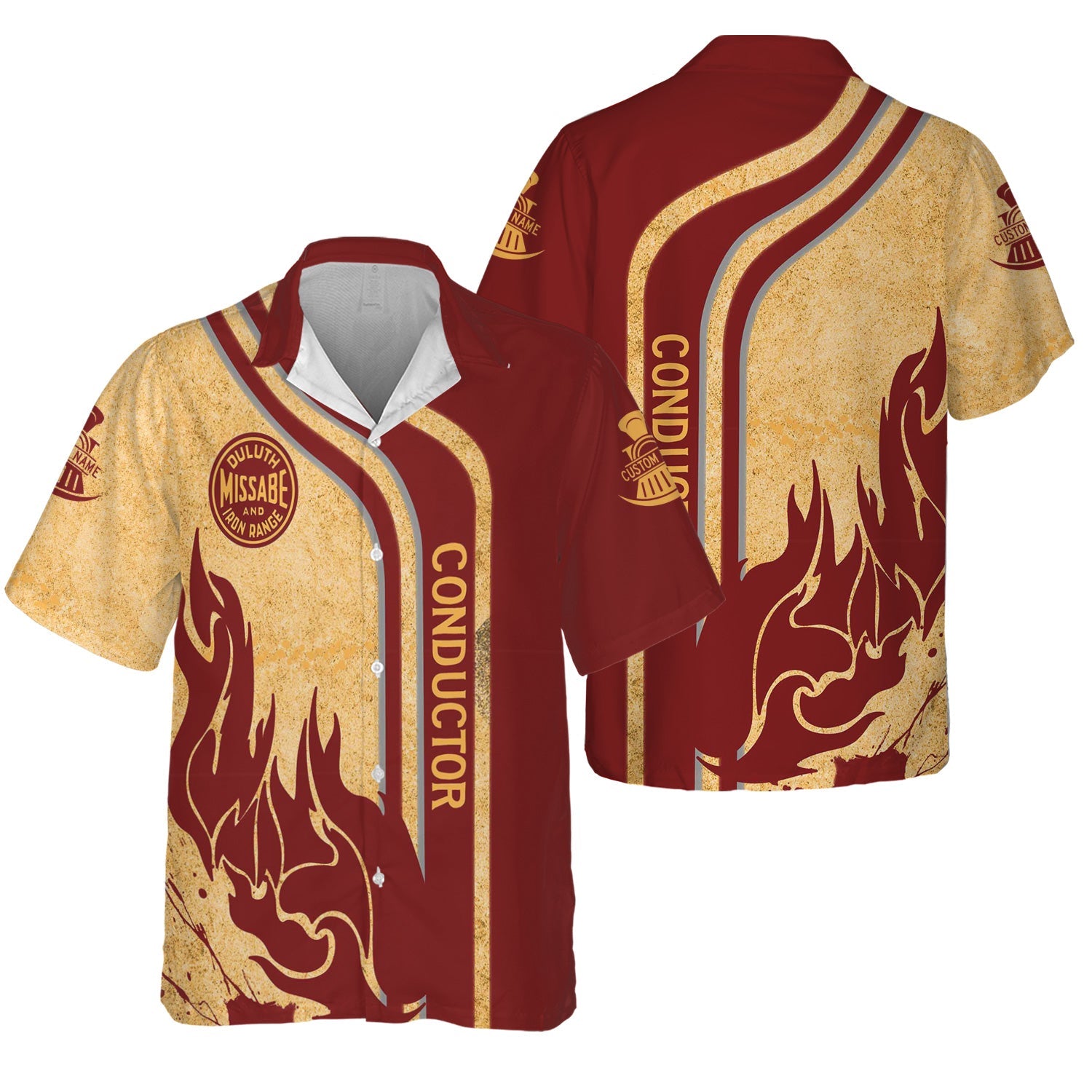 Railspirit Personalized Duluth, Missabe, & Iron Range Railroad Hawaiian Shirt Flame Design with Custom Job Position Train Shirt