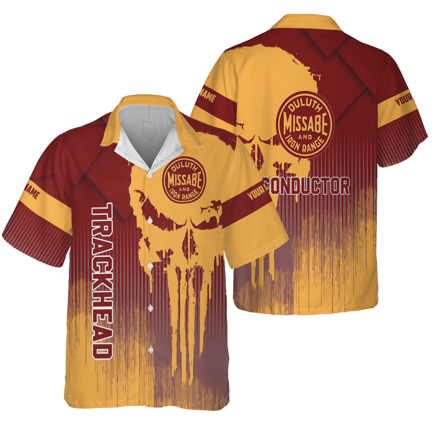 Railspirit Personalized Duluth, Missabe, & Iron Range Railroad Hawaiian Shirt Skull Design with Custom Job Train Shirt for Trackhead Crew