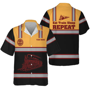 Railspirit Custom Name Duluth, Missabe, & Iron Range Railroad Hawaiian Shirt Eat Train Sleep Repeat Printed Train Shirt