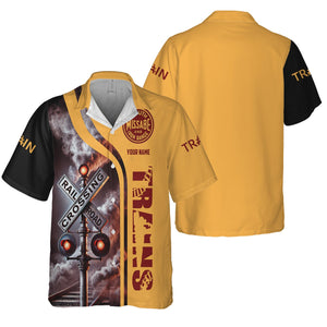 Railspirit Custom Name Duluth, Missabe, & Iron Range Railroad Hawaiian Shirt Railroad Crossing Sign Printed Train Shirt