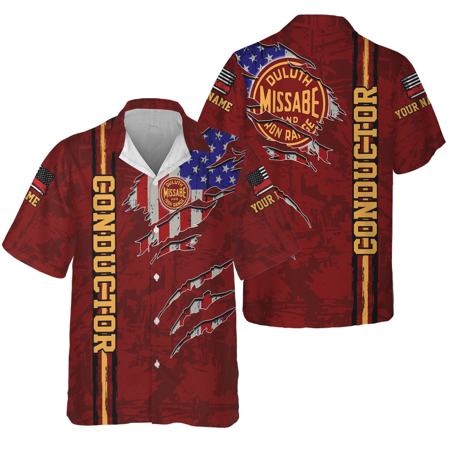 Railspirit Personalized Duluth, Missabe, & Iron Range Railroad Hawaiian Shirt USA Flag Claw Art with Custom Job Train Shirt