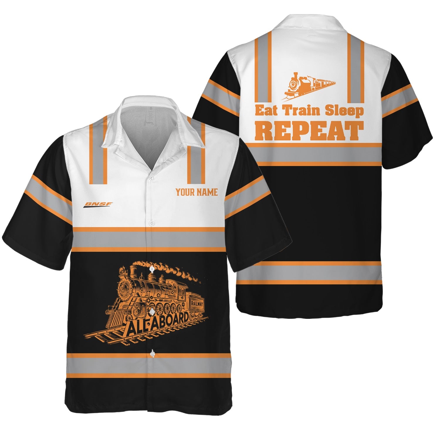 Railspirit Custom Name BNSF Railway Hawaiian Shirt Eat Train Sleep Repeat Printed Train Shirt