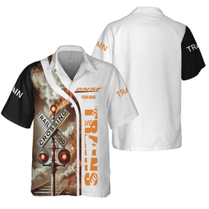 Railspirit Custom Name BNSF Railway Hawaiian Shirt Railroad Crossing Sign Printed Train Shirt