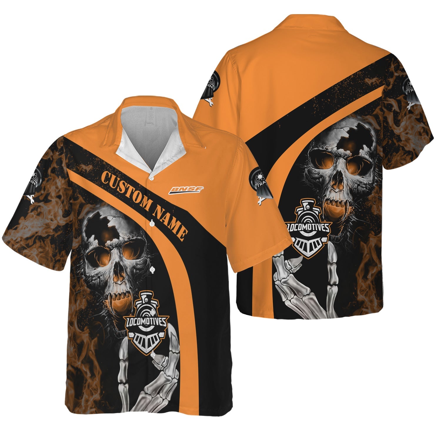 Railspirit Personalized BNSF Railway Hawaiian Shirt Flame Skull Design Train Shirt for Locomotive Fans