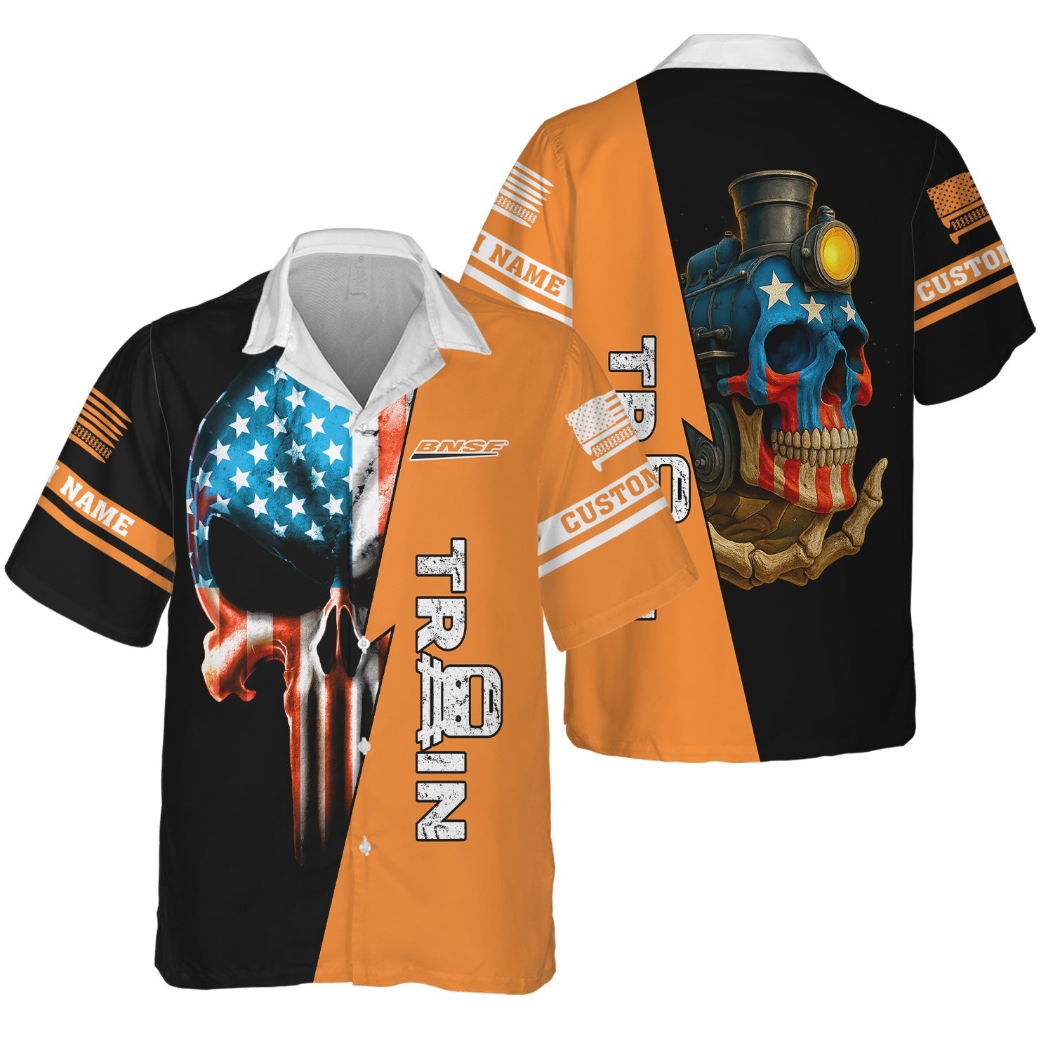 Railspirit Personalized BNSF Railway Hawaiian Shirt Train Skull American Flag Shirt All Over Print