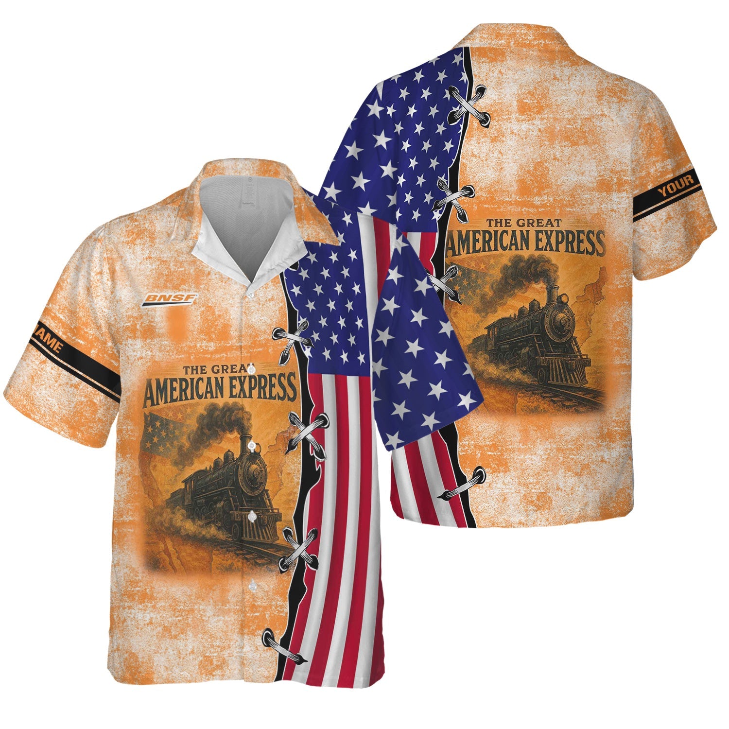 Railspirit Personalized BNSF Railway Hawaiian Shirt Retro American Express Train With USA Flag Shirt