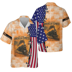 Railspirit Personalized BNSF Railway Hawaiian Shirt Retro American Express Train With USA Flag Shirt