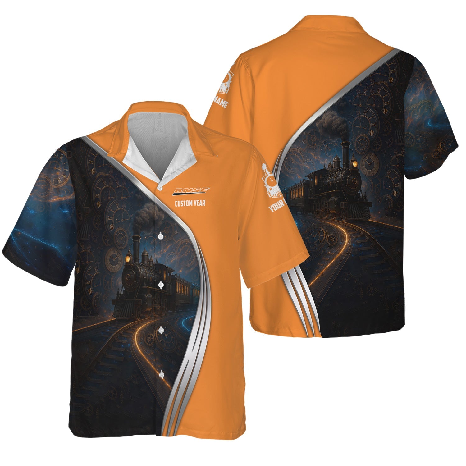 Railspirit Personalized BNSF Railway Hawaiian Shirt Steampunk Locomotive with Custom Year Train Shirt