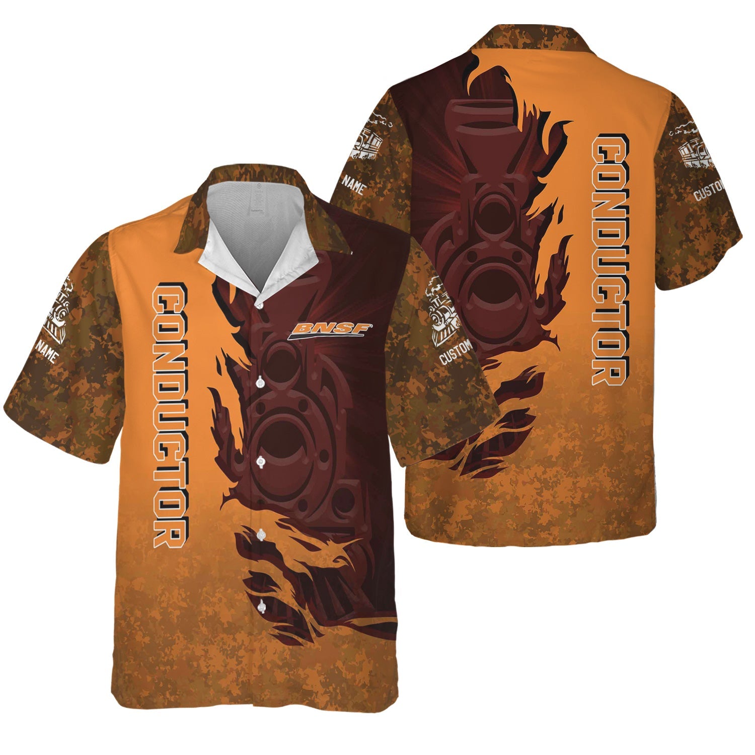 Railspirit Personalized BNSF Railway Hawaiian Shirt Blazing Style with Custom Position Train Shirt