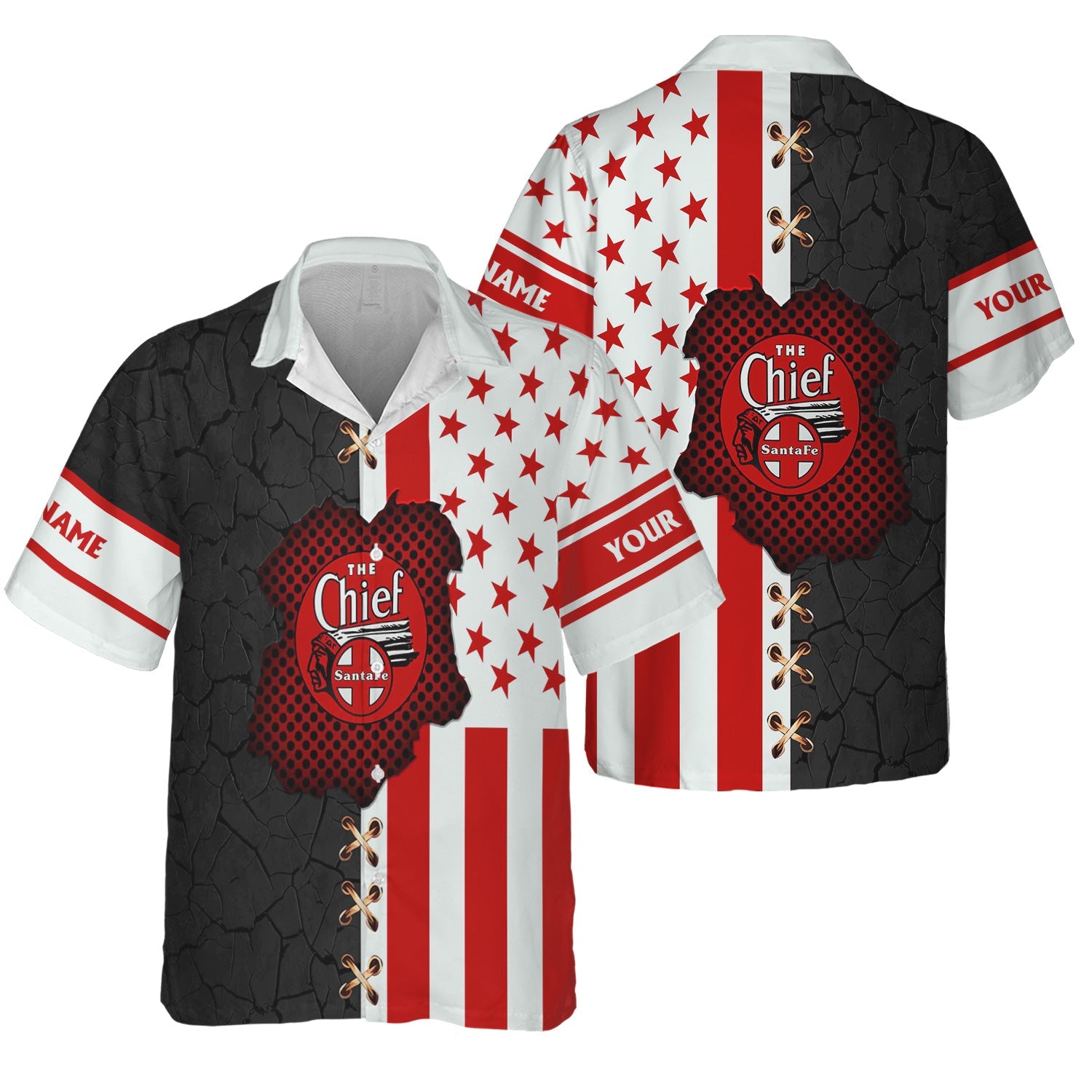 Railspirit Personalized The Chief Santa Fe Railroad Hawaiian Shirt American Flag with Crack Effect Train Shirt