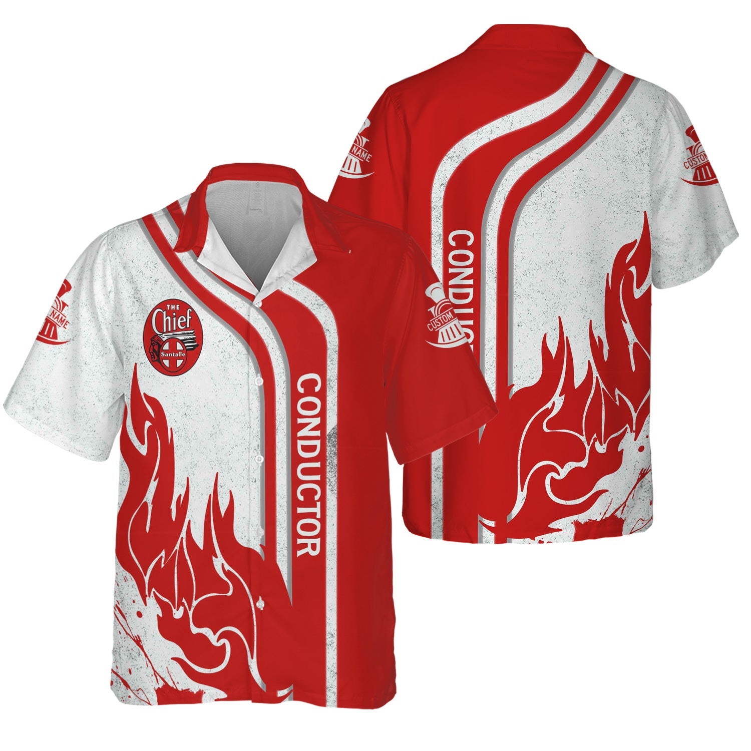 Railspirit Personalized The Chief Santa Fe Railroad Hawaiian Shirt Flame Design with Custom Job Position Train Shirt