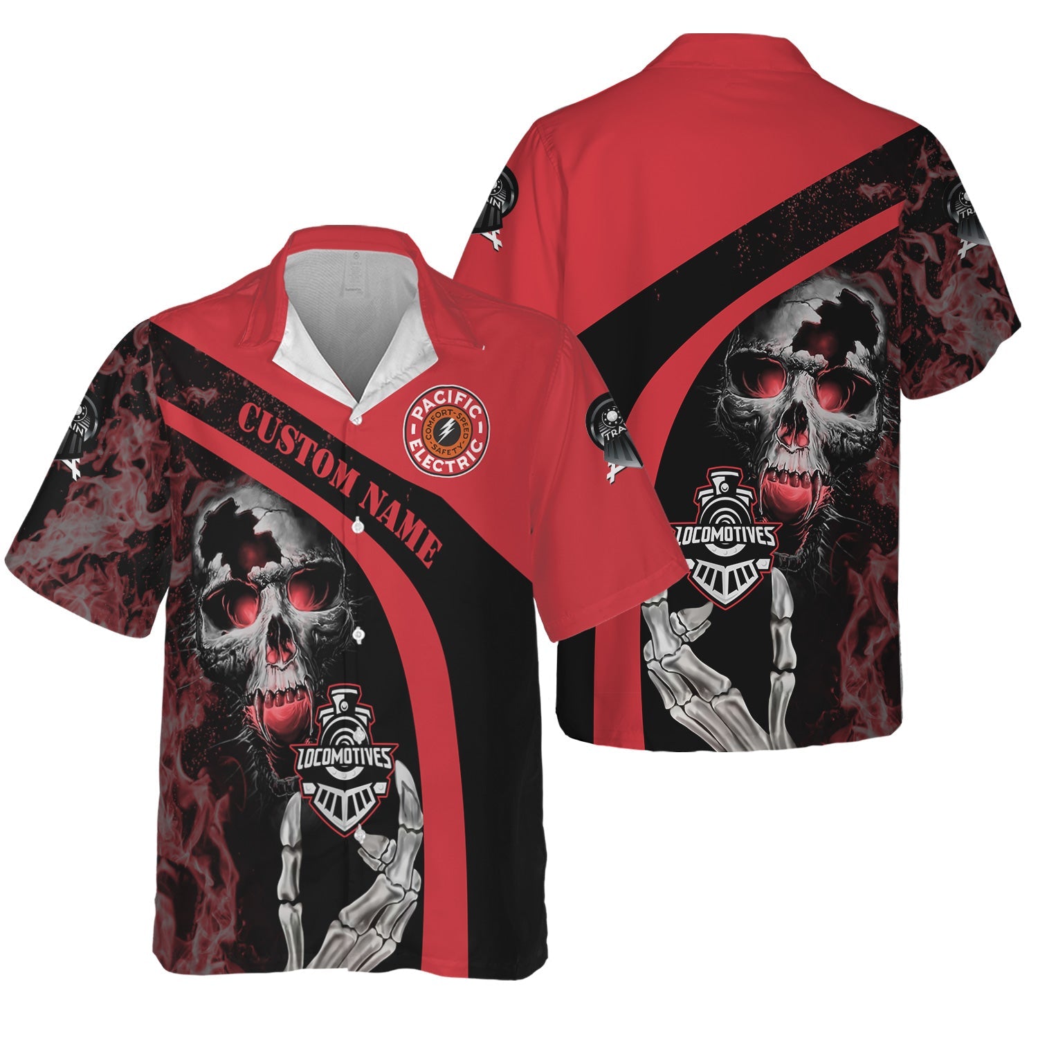 Railspirit Personalized Pacific Electric Railroad Hawaiian Shirt Flame Skull Design Train Shirt for Locomotive Fans