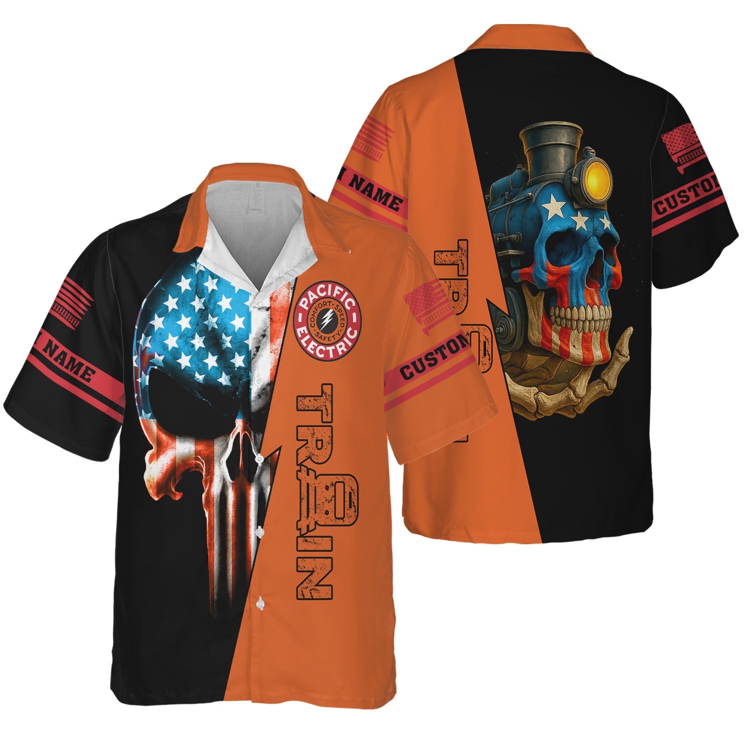 Railspirit Personalized Pacific Electric Railroad Hawaiian Shirt Train Skull American Flag Shirt All Over Print
