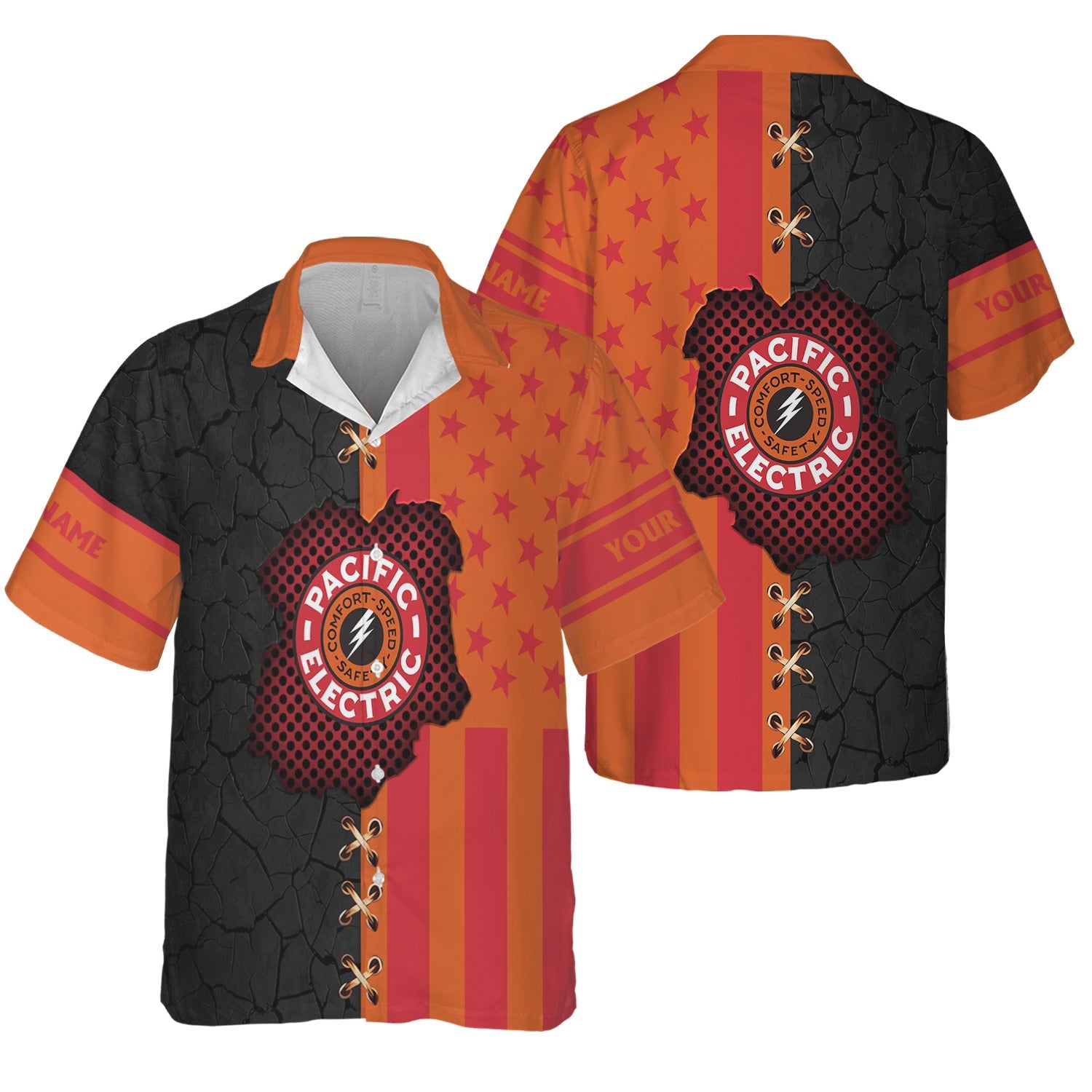 Railspirit Personalized Pacific Electric Railroad Hawaiian Shirt American Flag with Crack Effect Train Shirt