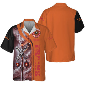 Railspirit Custom Name Pacific Electric Railroad Hawaiian Shirt Railroad Crossing Sign Printed Train Shirt