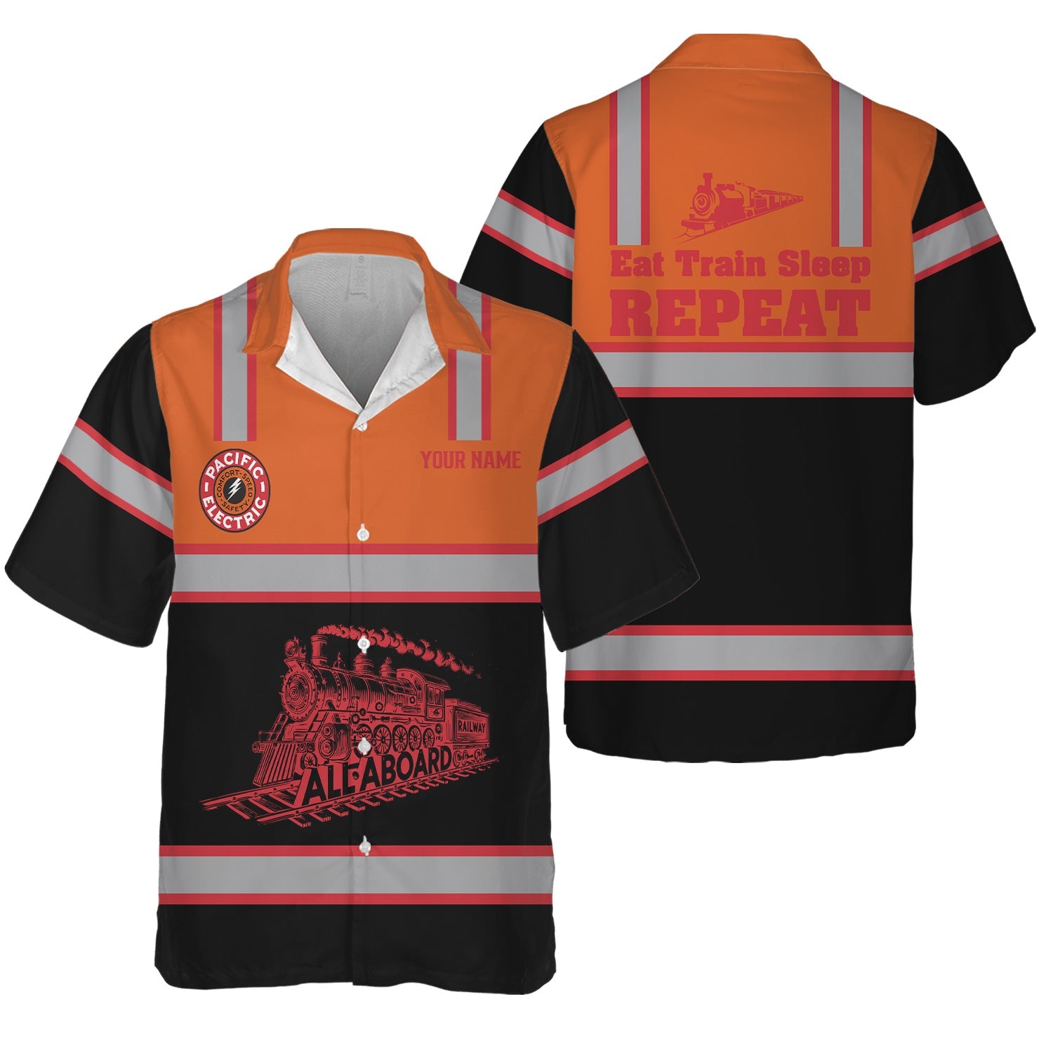 Railspirit Custom Name Pacific Electric Railroad Hawaiian Shirt Eat Train Sleep Repeat Printed Train Shirt