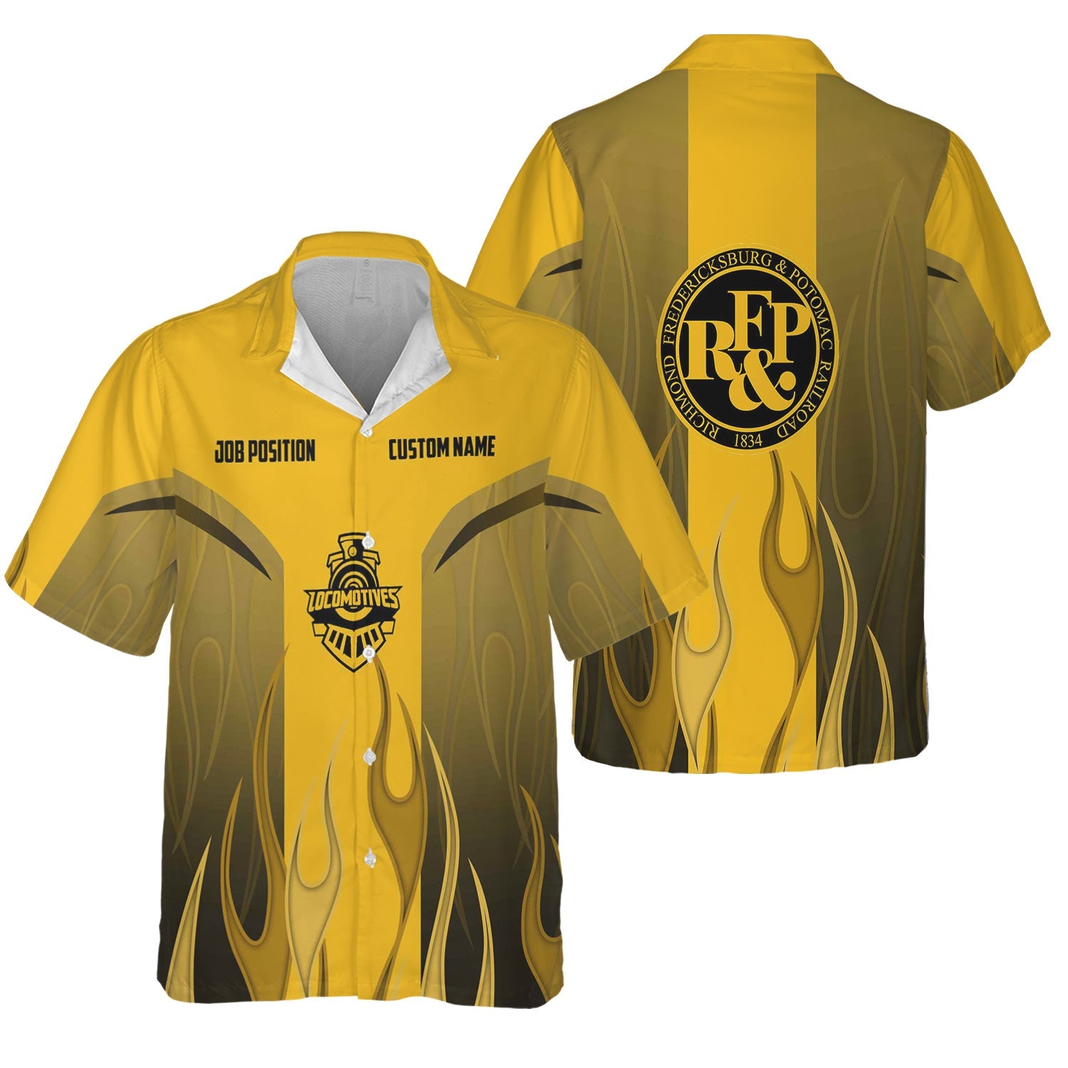 Railspirit Custom Name and Job Title Richmond, Fredericksburg And Potomac Railroad Hawaiian Shirt Flame Graphic Train Shirt For Rail Workers