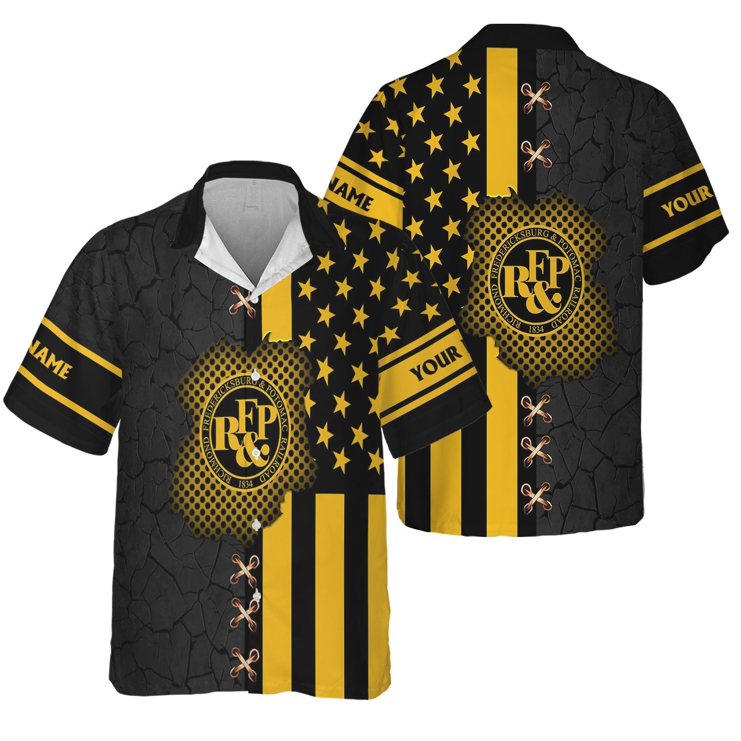 Railspirit Personalized Richmond, Fredericksburg And Potomac Railroad Hawaiian Shirt American Flag with Crack Effect Train Shirt