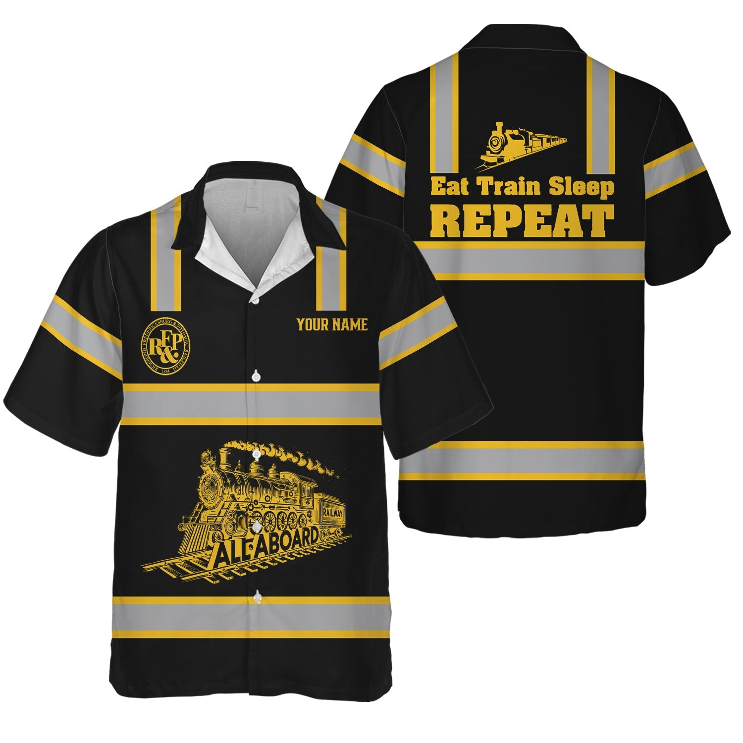 Railspirit Custom Name Richmond, Fredericksburg And Potomac Railroad Hawaiian Shirt Eat Train Sleep Repeat Printed Train Shirt