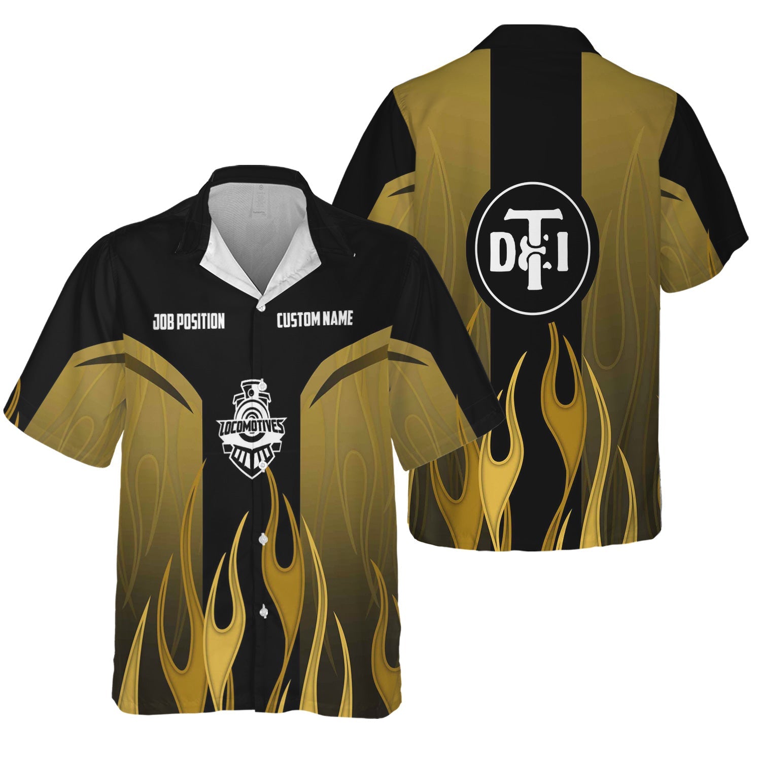 Railspirit Custom Name and Job Title Detroit Toledo And Ironton Railroad Hawaiian Shirt Flame Graphic Train Shirt For Rail Workers