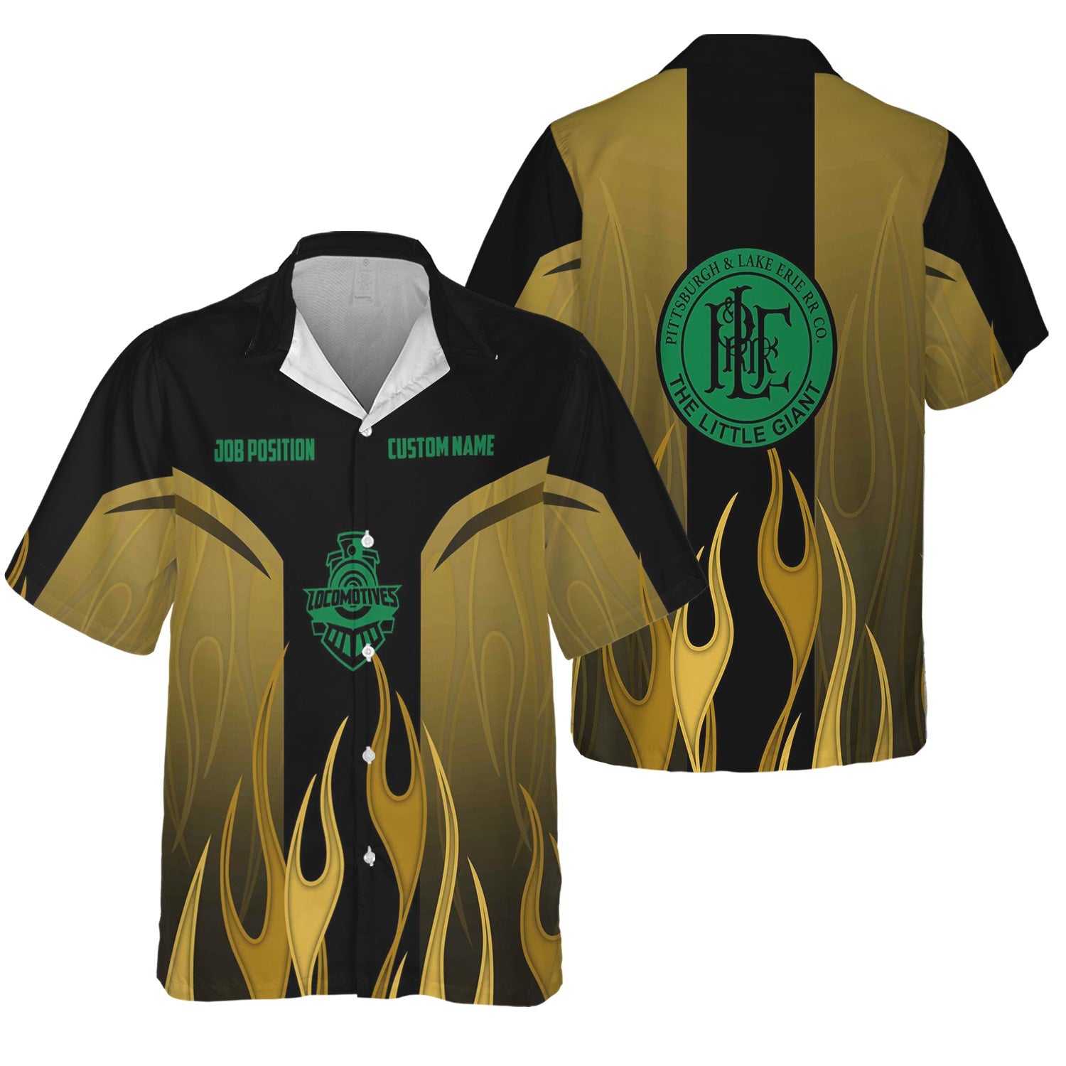 Railspirit Custom Name and Job Title Pittsburgh And Lake Erie Railroad Hawaiian Shirt Flame Graphic Train Shirt For Rail Workers