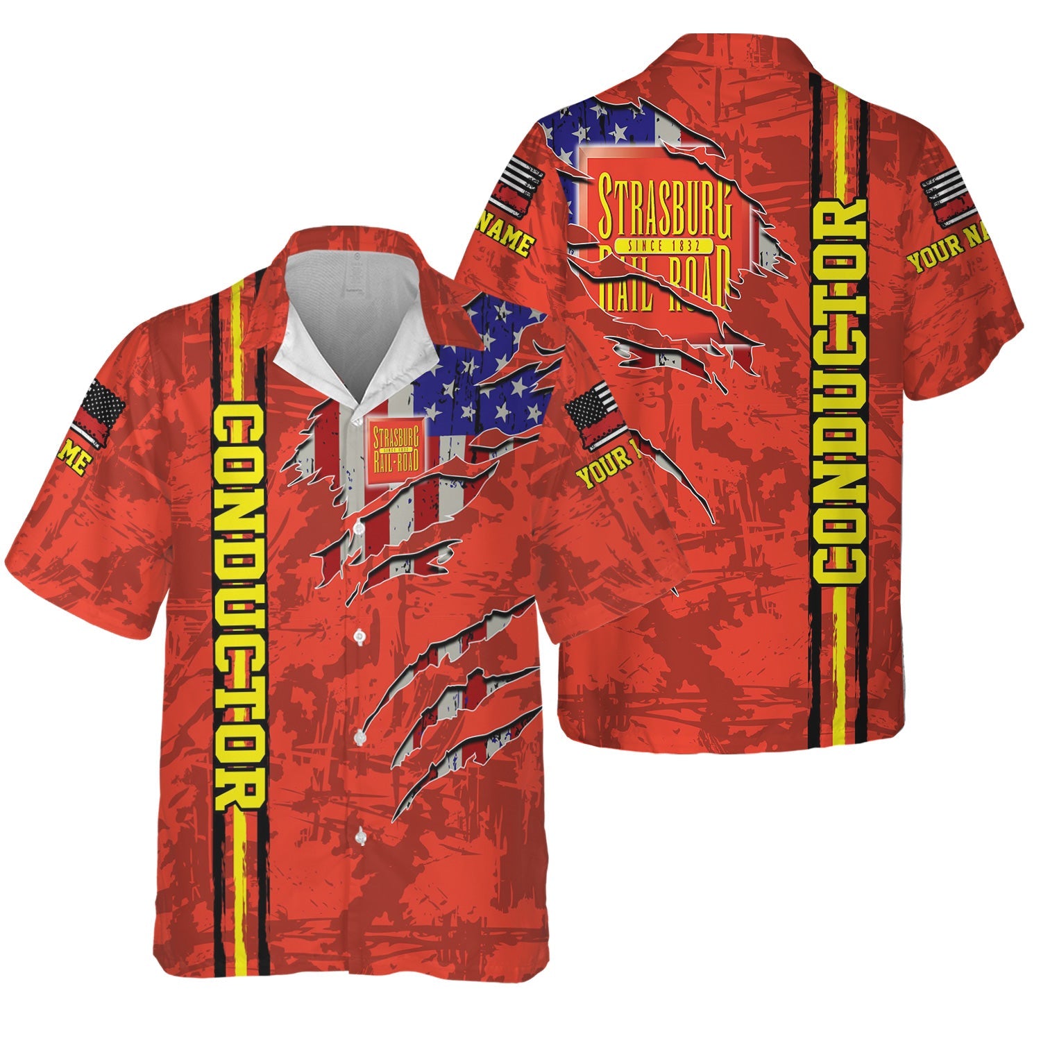 Railspirit Personalized Strasburg Railroad Hawaiian Shirt USA Flag Claw Art with Custom Job Train Shirt