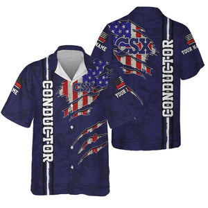 Railspirit Personalized CSX Transportation Railroad Hawaiian Shirt USA Flag Claw Art with Custom Job Train Shirt