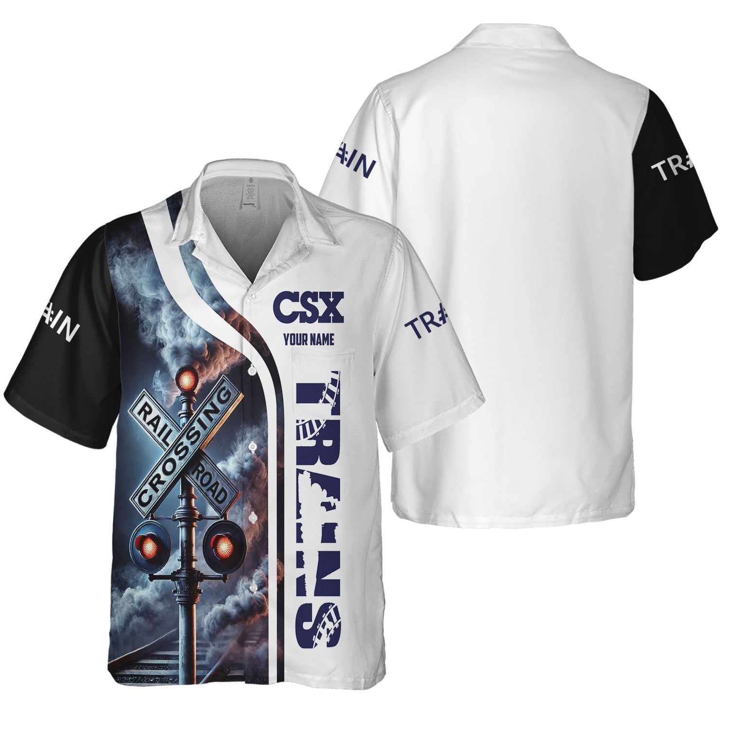 Railspirit Custom Name CSX Transportation Railroad Hawaiian Shirt Railroad Crossing Sign Printed Train Shirt