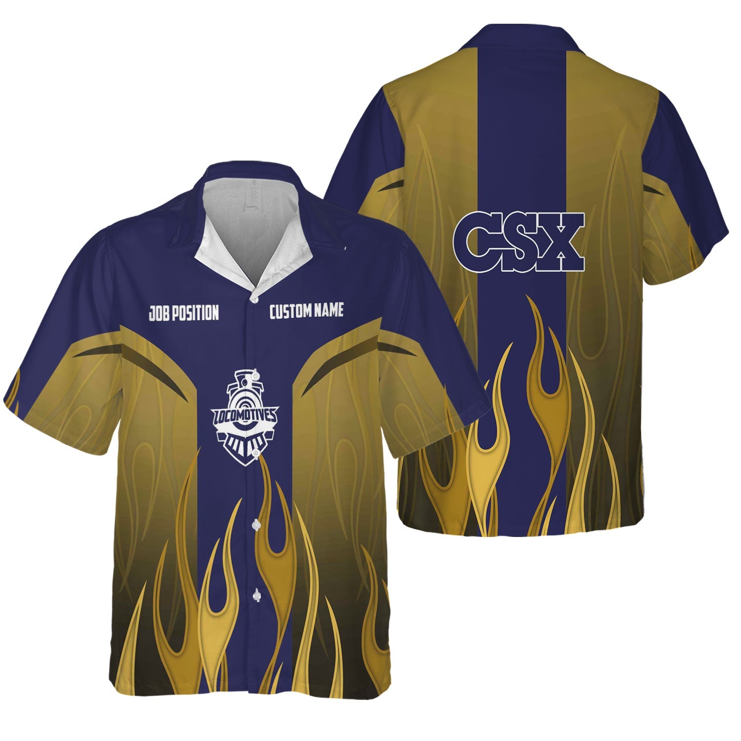 Railspirit Custom Name and Job Title CSX Transportation Railroad Hawaiian Shirt Flame Graphic Train Shirt For Rail Workers