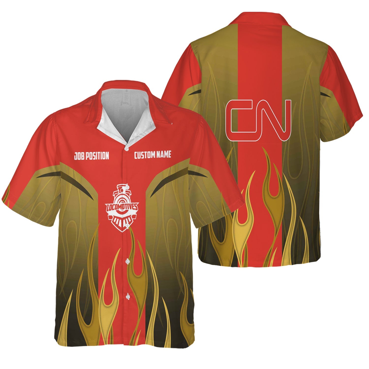 Railspirit Custom Name and Job Title Canadian National Railroad Hawaiian Shirt Flame Graphic Train Shirt For Rail Workers