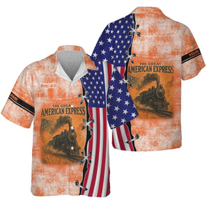Railspirit Personalized Wheeling And Lake Erie Railroad Hawaiian Shirt Retro American Express Train With USA Flag Shirt