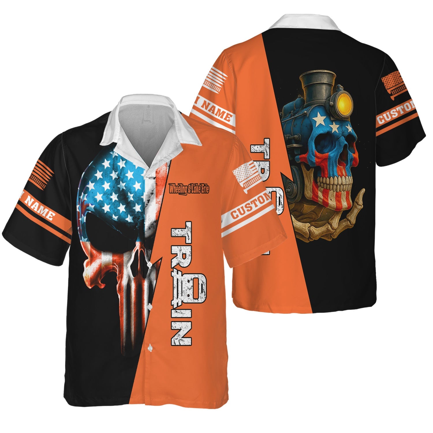 Railspirit Personalized Wheeling And Lake Erie Railroad Hawaiian Shirt Train Skull American Flag Shirt All Over Print