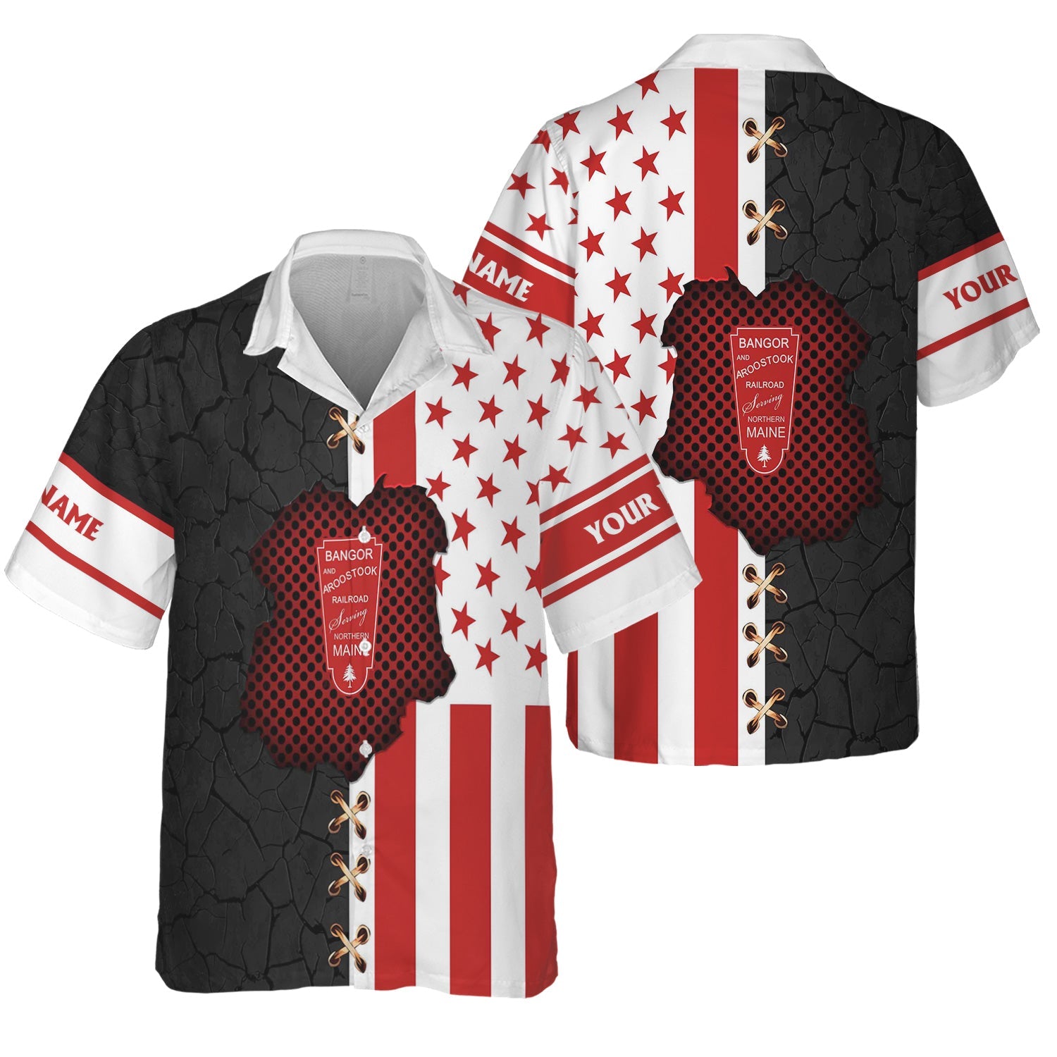 Railspirit Personalized Bangor And Aroostook Railroad Hawaiian Shirt American Flag with Crack Effect Train Shirt
