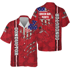 Railspirit Personalized Green Bay & Western Railroad Hawaiian Shirt USA Flag Claw Art with Custom Job Train Shirt